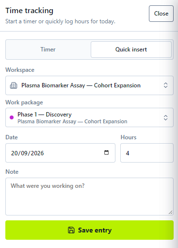 Quick time entry form with workspace, work package, date, hours, and note fields